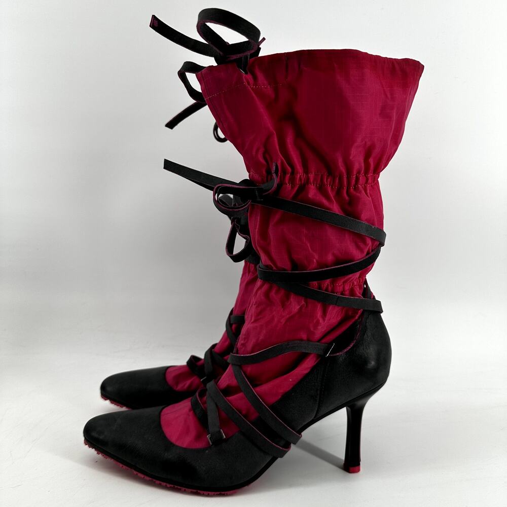 Vintage Diesel Kiruna Heeled Boots Y2K Lace Up Nylon Leather Straps Pink Gray 8 - Picture 3 of 7